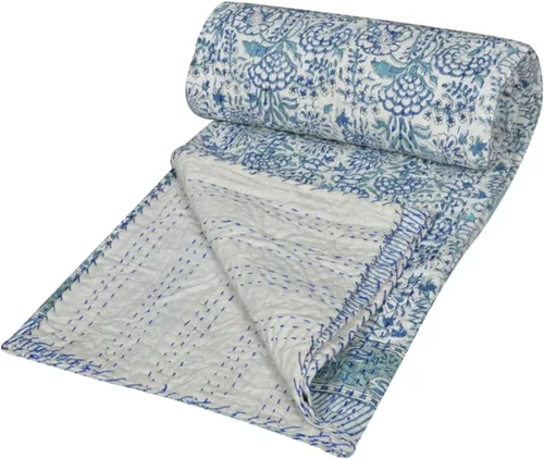 Miniatura 4 de YUVANCRAFTS Manta de algodón con estampado de bloques de mano india Kantha, tamaño Queen (blanco, individual de 90 x 60 pulgadas)