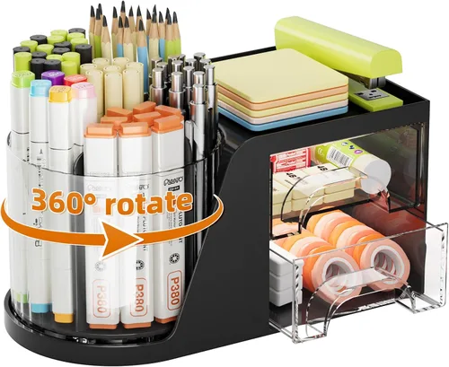 Marbrasse Organizador de escritorio con 2 cajones, soporte para bolígrafos giratorio de 360°, organizadores de escritorio y accesorios con 6 ranuras
