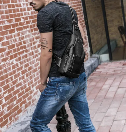 Miniatura 6 de Bolso bandolera pequeño de cuero para mujeres y hombres, bolsa cruzada, bolsa de pecho, mochila de viaje de hombro, resistente al agua, Negro
