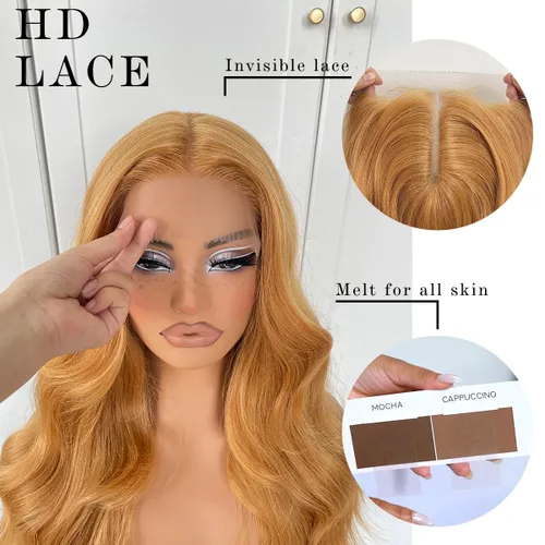 Miniatura 5 de #27 Peluca de encaje frontal rubia miel sin pegamento, onda corporal, pelucas de encaje frontal sintéticas prediseñadas, con línea de cabello #27