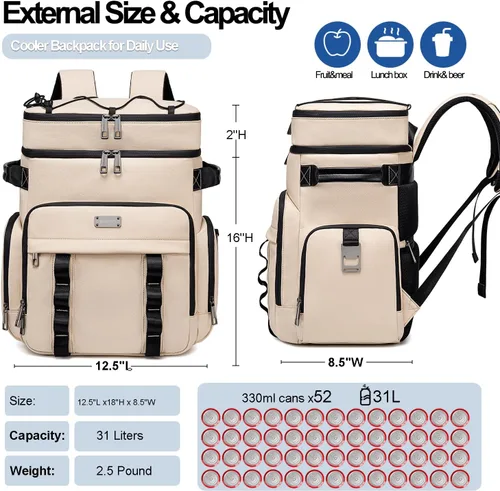 Miniatura 5 de Weitars - Mochila enfriadora aislada, bolsa enfriadora suave impermeable de doble cubierta, mochila enfriadora a prueba de fugas para almuerzo