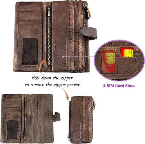 Miniatura 4 de LETEULO Cartera con cierre de bloqueo RFID para mujer, organizador vintage de carteras para frotar a mano