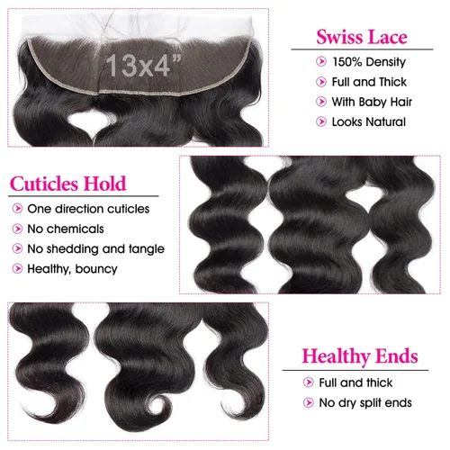 Miniatura 3 de Lemoda - Extensiones de cabello con cuerpo ondulado frontal 13x4, de encaje transparente HD, cierre frontal de encaje de cabello humano brasileño