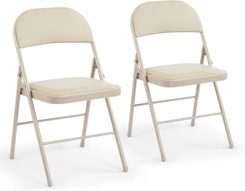 DUMOS Paquete de 2 sillas plegables acolchadas de cuero, asiento comercial apilable portátil para interiores y exteriores con marco de acero, Caqui