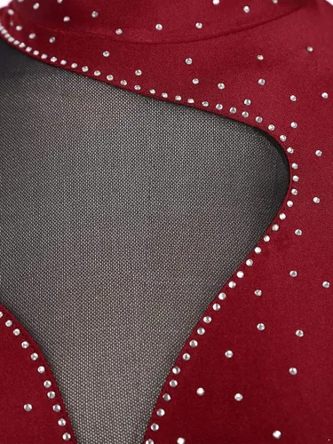 Miniatura 10 de iiniim Leotardo de malla para mujer, con diamantes de imitación, de malla, de manga larga, leotardos de gimnasia