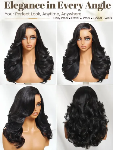 Miniatura 4 de UNICE Bye Bye Slip Peluca de Capas Emplumadas con Raya Lateral de Cabello Humano Sin Pegamento con Tiras de Silicona Seguras y Cordón Densidad 200%