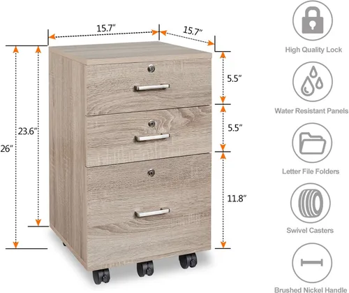 Miniatura 3 de Bonnlo - Archivador de madera con 3 cajones, cerradura y ruedecillas, en roble