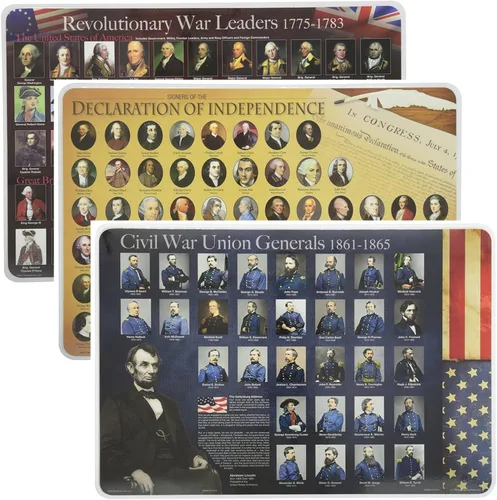 Painless Learning Juego de manteles individuales educativos de los generales de la guerra civil, líderes revolucionarios de la guerra y Declaración