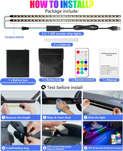 Miniatura 7 de Keiurot Tiras de luz LED para scooter para montar por la noche, 5 V, luces de monopatín de alto brillo, control por aplicación, RGBIC, impermeable