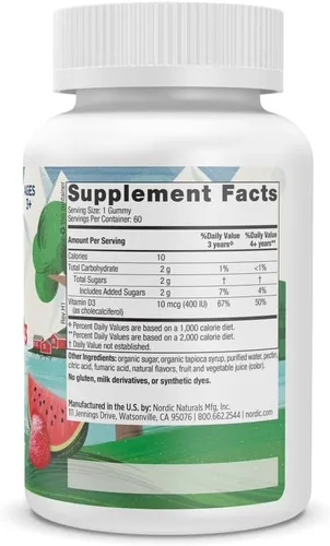 Miniatura 2 de Nordic Naturals Gomitas de Vitamina D3 para Niños, Explosión de Sandía Silvestre - 60 Gomitas - 400 UI Vitamina D3 - Salud Ósea, Inmunidad Saludable