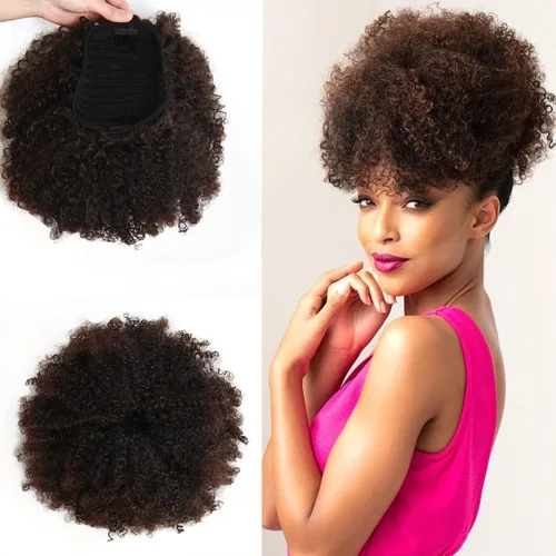 Miniatura 13 de Extensión de cola de caballo afro rizada encrespada con cordón para mujeres, cola de caballo afro con cordón, rizos encrespados sintéticos, piezas