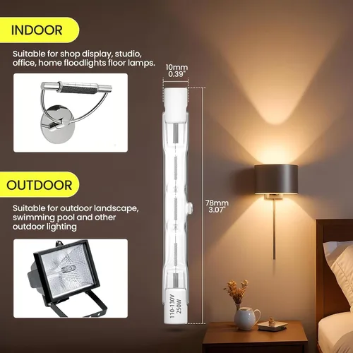Miniatura 6 de Bombillas halógenas de 250 W, R7s 3.071 in, 3.1 pulgadas, T3, 2700 K, blanco cálido, tipo J, doble extremo, 120 V, regulable, para trabajo