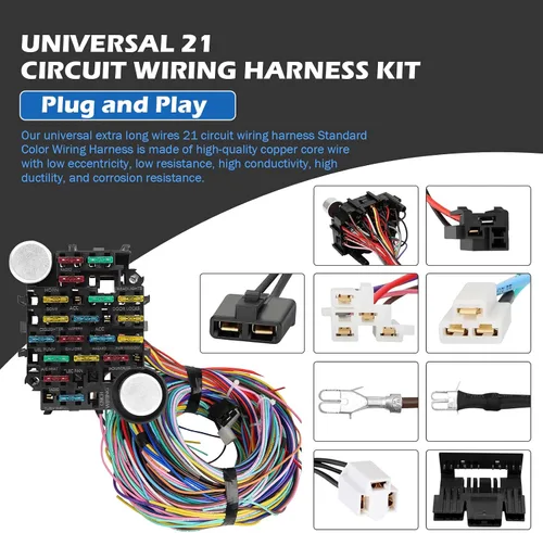 Miniatura 3 de Kit de arnés de cableado universal – 21 mazos de cableado de circuitos de color estándar kit de reemplazo para Chevy Mopar Hotrods Ratrods Ford