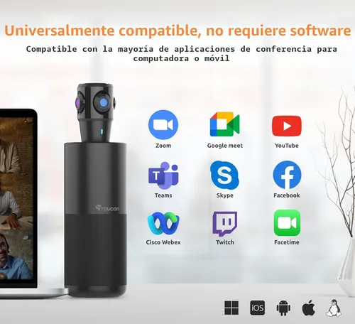 Miniatura 5 de TOUCAN Cámara de videoconferencia de 360 grados, cámara web HD 1080p con 4 micrófonos de reducción de ruido, altavoz, seguimiento AI, funciona