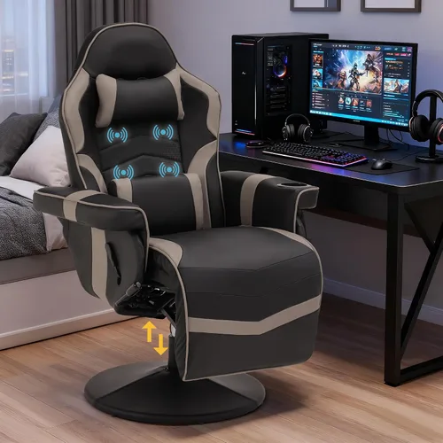 Miniatura 10 de Silla reclinable con altura ajustable, silla de juegos de PU con masaje, reposapiés largo y soporte lumbar, silla giratoria de respaldo alto