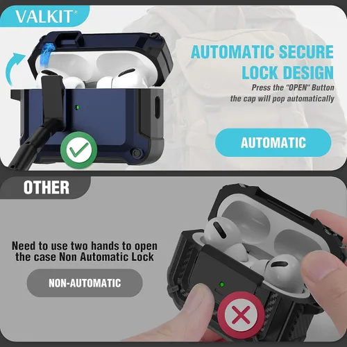Miniatura 3 de Valkit Funda Compatible con Airpods Pro de 2ª/1ª Generación con Kit Limpiador, Funda Militar para AirPod Pro 2 con Candado y Cordón, Funda Negro/Azul