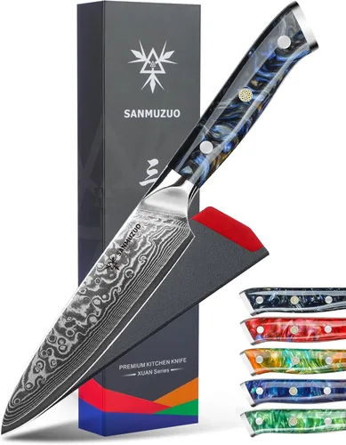 Miniatura 8 de Cuchillo utilitario de cocina de 5 pulgadas, cuchillos de cocina de la serie Xuan, acero de damasco VG10 con mango de resina (naranja fantasía)
