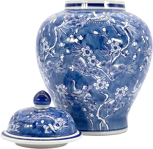 Miniatura 3 de Galt International Tarro chinoiserie de grúa floral azul y blanco de 12 pulgadas con tapa, tarro de jengibre, almacenamiento de té, decorativo