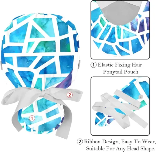 Miniatura 4 de 2 Pcs Adjustable Working Caps, Colored Mosaic Bouffant Scrub Hats Women Long Hair