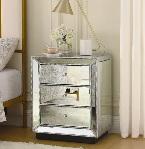 Miniatura 10 de Henf Elegante mesita de noche de espejo con borde dorado plateado con 3 cajones, mesa de acento de espejo con perilla de cristal, mesa auxiliar
