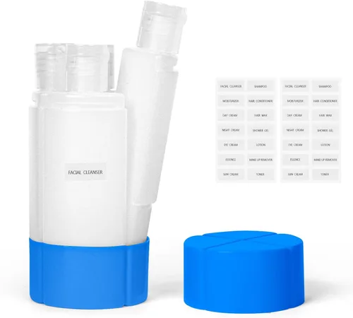 Olatay Botella de viaje, aprobada por la TSA, 4 en 1, a prueba de fugas, 4 x 2.0 fl oz/2 onzas, con 2 etiquetas preimpresas para viajes, gimnasio,