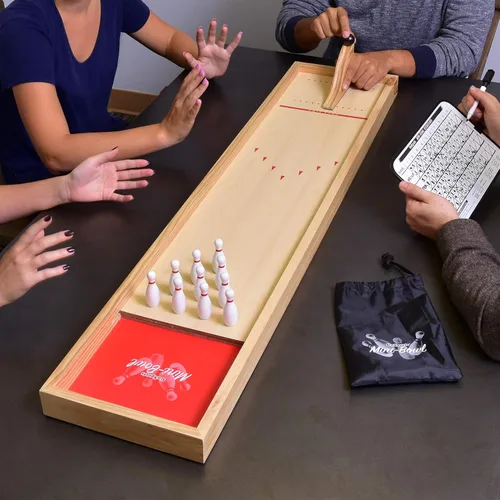Miniatura 2 de GoSports Mini juego de boliche de madera para mesa para niños y adultos - Incluye 1 tablero de pista de boliche, 1 rampa de lanzamiento, 2 bolas