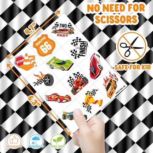 Miniatura 4 de 120 tatuajes temporales precortados de autos de carreras para niños, recuerdos de fiesta de cumpleaños con temática de autos de carreras súper
