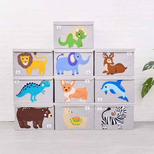 Miniatura 5 de Baúl de juguetes plegable grande para niños con tapa abatible, organizador de almacenamiento de juguetes de animales de tela Dinosaurio