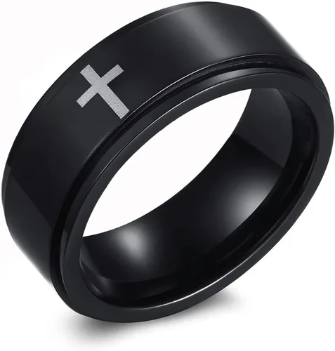 Ropartman Anillo giratorio de acero inoxidable para hombres, anillos plateados y negros para la ansiedad, anillo de cruz de oración para aliviar el