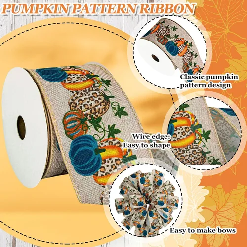 Miniatura 3 de Whaline Cinta de tela de calabaza de otoño con borde con alambre, cinta de tela de calabaza azul, cintas vintage para envolver para cosecha