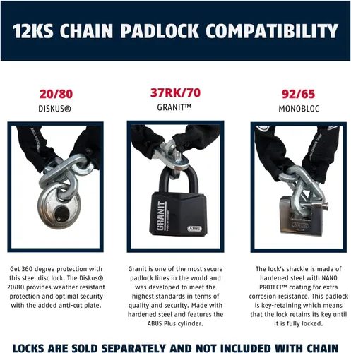 Miniatura 4 de ABUS Cadena de seguridad cuadrada de acero endurecido 12KS de 2 pies de 1/2" de grosor para bicicletas, contenedores, remolques, cuatrimotos