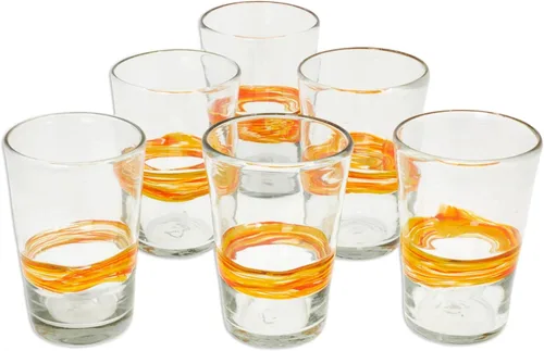 NOVICA Vasos de jugo de vidrio reciclado, soplados a mano, hechos a mano, color amarillo, artesanal, 15 onzas, cinta de sol (juego de 6)