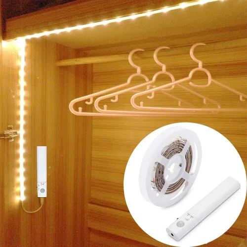 Luz de armario con sensor de movimiento, tira de luces LED de 6.6 ft, PIR encendido/apagado automático, funciona con pilas, blanco cálido para