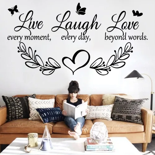 Miniatura 3 de Calcomanías de vinilo para pared con citas inspiradoras familiares "Live Every Moment, Laugh Every Day, Love Beyond Words", calcomanías Color 1