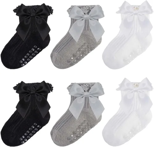 Miniatura 14 de Calcetines para bebé niña con agarre antideslizante con volantes con lazos, algodón suave, calcetines con empuñaduras para bebé recién nacido
