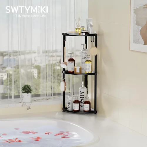 Miniatura 6 de SWTYMIKI Organizador de ducha esquinero de acero inoxidable de 3 niveles, estante de piso de gran capacidad con 4 ganchos, estante de almacenamiento