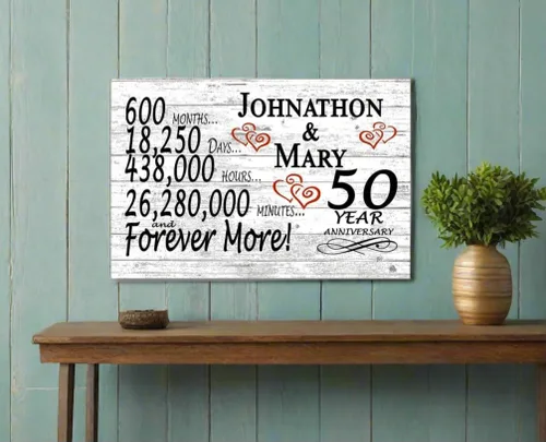Miniatura 7 de Letrero personalizado de 50 aniversario, regalo de aniversario de boda de 50 años, para días de pareja, minutos, años, madera maciza, 16.5 x 10.5 x