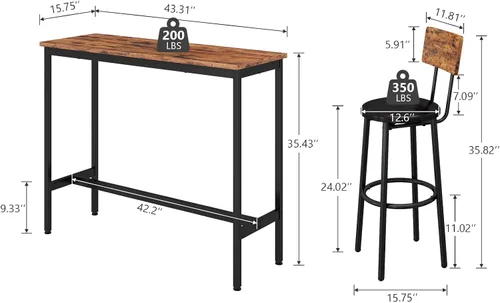 Miniatura 2 de Juego de mesa de bar y 2 sillas, 3 piezas para espacios pequeños, mesa de comedor rectangular para 2 mesas de bar de altura de mostrador con 2 Mesa