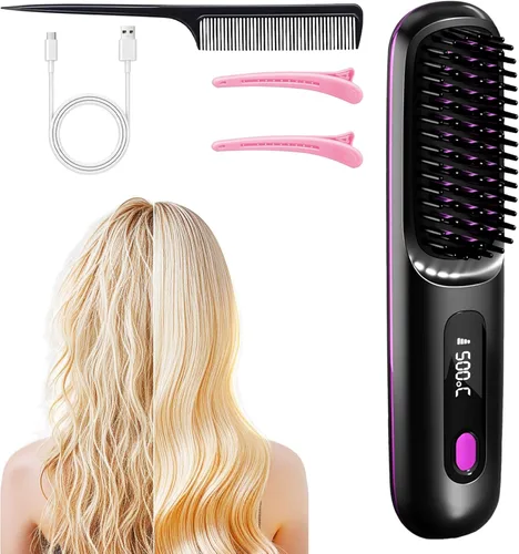 Go Brush Pro - Cepillo alisador de pelo inalámbrico portátil con pantalla LCD de calentamiento rápido inalámbrico, 3 ajustes de temperatura,