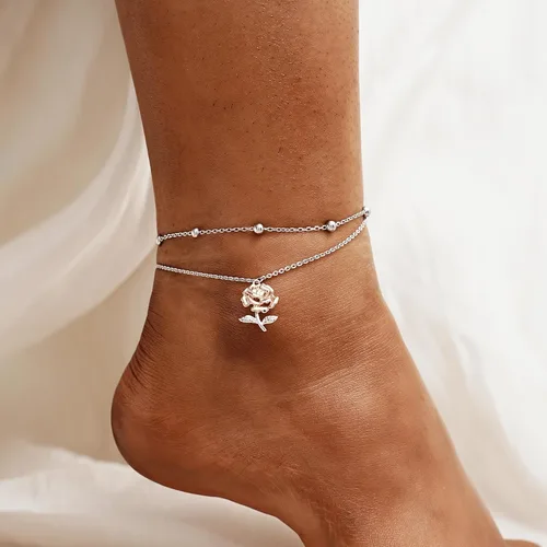 Miniatura 67 de CHIC & ARTSY Tobilleras delicadas de plata de ley S925 para verano, pulsera de tobillo ajustable multicapa para playa, joyería de pie para mujer
