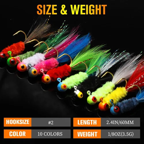 Miniatura 4 de Dovesun Jigs de Crappie, cabezas de jig con plumas atadas a mano Jigs de Marabou Ice Señuelos de pesca con mosca 10 colores 1/32 oz 1/16 oz 1/8 oz