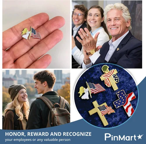 Miniatura 9 de PinMart Cruz patriótica con bandera estadounidense ondeando la bandera de Estados Unidos – Pin de solapa esmaltado – SecureClutch Back