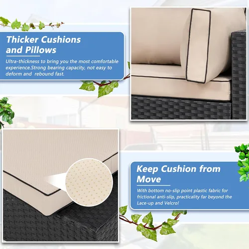 Miniatura 5 de Shintenchi 5 piezas de sofá seccional de patio al aire libre, juegos de muebles de mimbre PE negro, juegos de conversación de patio con cojines Caqui