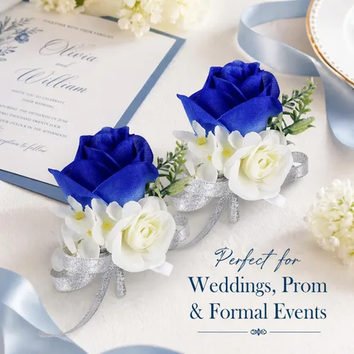 Miniatura 3 de ChezMax Ramillete artificial de flores hechas a mano con clip y cinta, 4 unidades para novia, novio, boda, fiesta de graduación