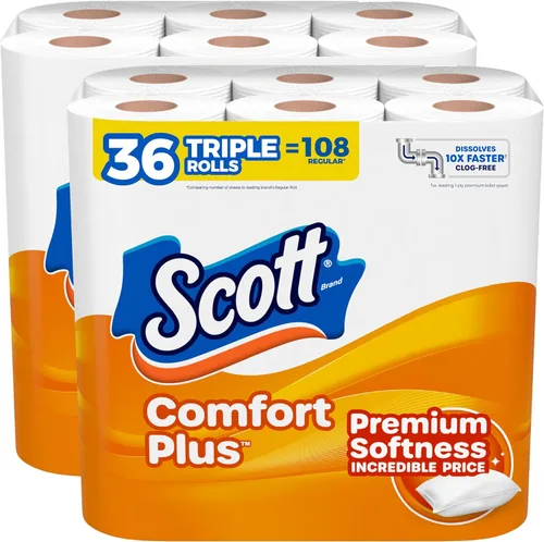 Papel higiénico Scott ComfortPlus, 36 rollos dobles, 231 hojas por rollo, apto para fosas sépticas, tejido de baño de 1 capa
