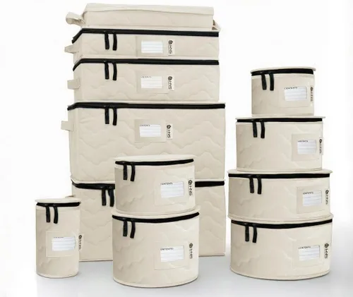 Miniatura 13 de Juego de 8 cajas de almacenamiento de China para vajilla, vasos, platos, tazas y platillos, organizador de platos resistente con divisores para Beige