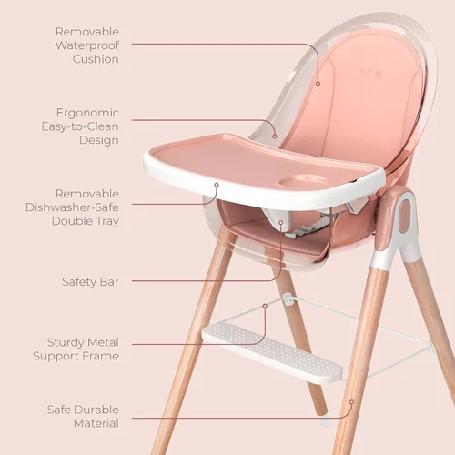 Miniatura 8 de Silla alta de madera de lujo 6 en 1 para bebés y niños pequeños, moderna, segura y compacta, fácil de limpiar, bandeja y cojín extraíbles, 6 Rosa