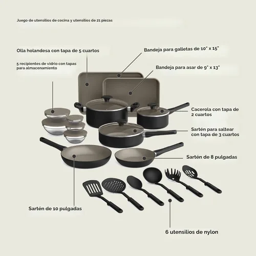 Miniatura 3 de BELLA Juego de 21 piezas para la cocina con revestimiento antiadherente de cerámica EverGood™, apto para lavavajillas y horno, compatible con todas