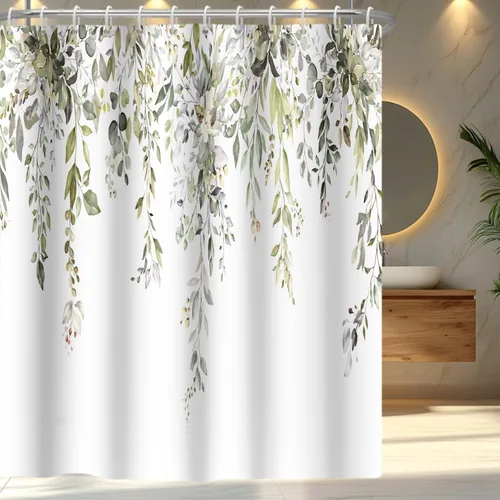 Miniatura 2 de Cortina de ducha verde salvia con eucalipto para baño, cortina de baño impermeable y lavable de tela con hojas de acuarela, juego de cortina