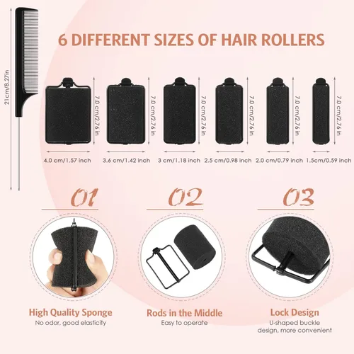 Miniatura 2 de Syhood 56 rodillos de esponja de espuma, 6 tamaños, rizadores suaves para dormir, herramienta de esponja flexible, peine de cola de rata para Negro